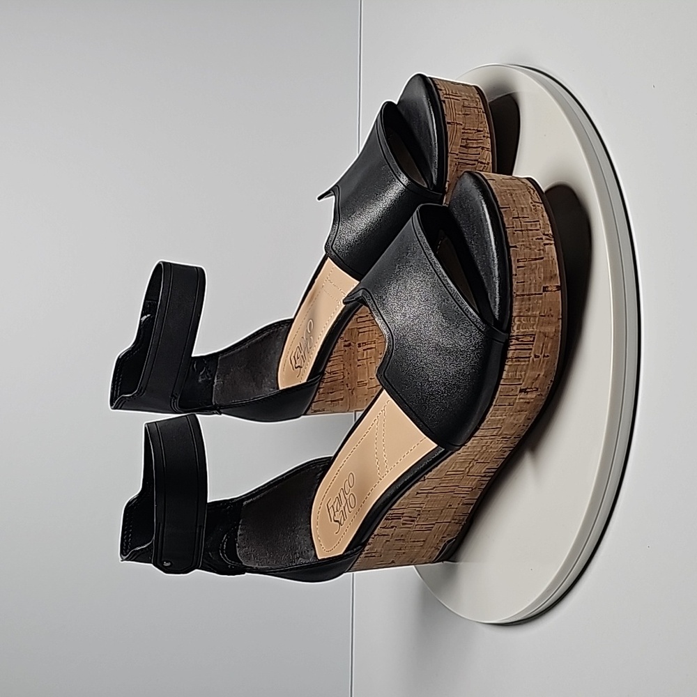 Franco Sarto Perfetto Heeled Sandal Wedge Ankle Straps Open Toe Cork Black 8